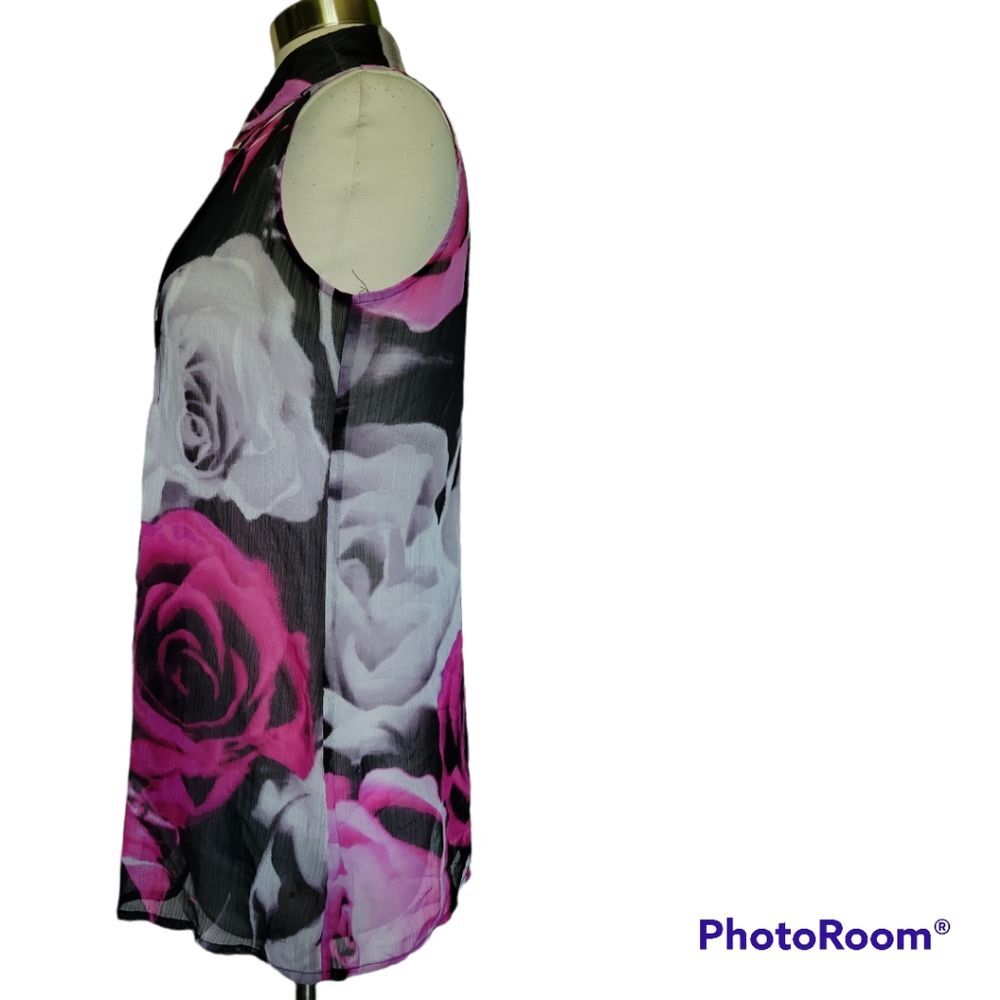 *FEVER* SHEER ROSE SLEEVELESS BUTTON FRONT TOP - M - Picture 5 of 10